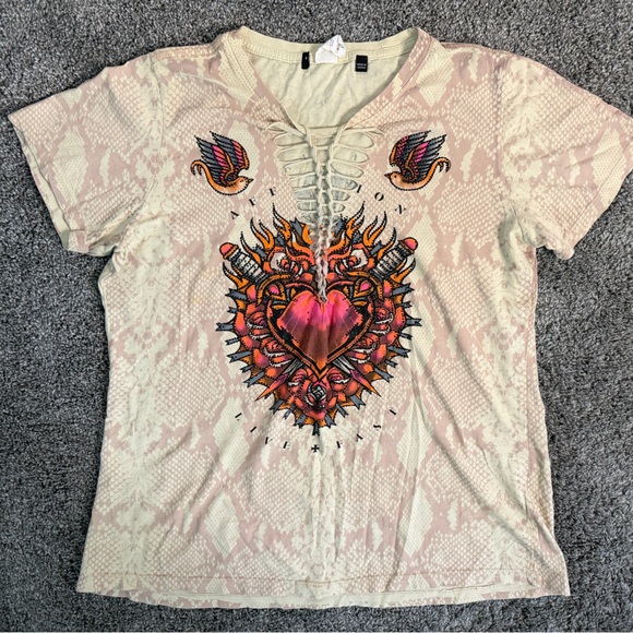 Affliction Tops - Affliction Beige Graphic Lace-Up Tee